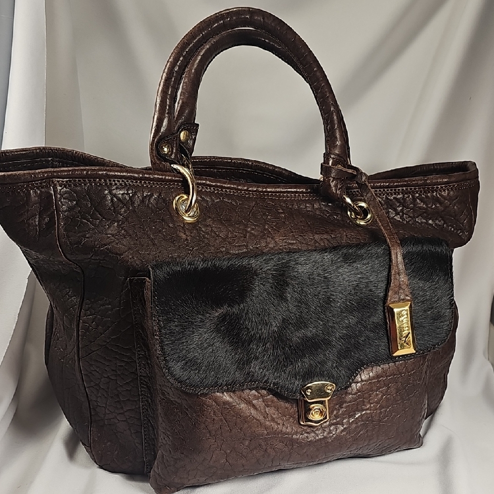 Aleanto Collezioni Italian Brown Leather Satchel/Shoulder Bag w/Fur Flap